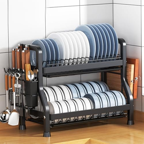 Genérico Escurridor de Platos - Escurridor de Platos para Fregadero de 2 Niveles, Ahorra Espacio, Escurreplatos Acero Inoxidable, con Cesta de Cubiertos, para Cubiertos, Negro