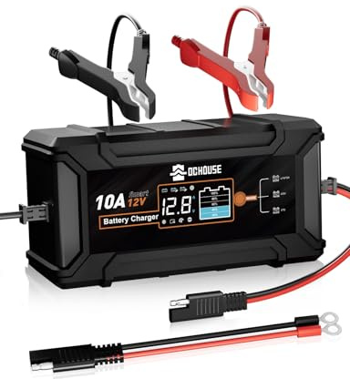 DCHOUSE Car Battery Charger 10A 12V Smart LiFePO4 LCD Display Lithium Battery Charger for Truck Motorcycle Lawn Mower Boat Marine