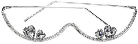 Hikiwin No Lens Rhinestone Glasses Frame,Sparkly Half Enclosure Eye Glasses,Heart Crystal Diamond Decor Metal Eyeglass,Half Frame Spectacle For Decoration,Silver,1 Piece