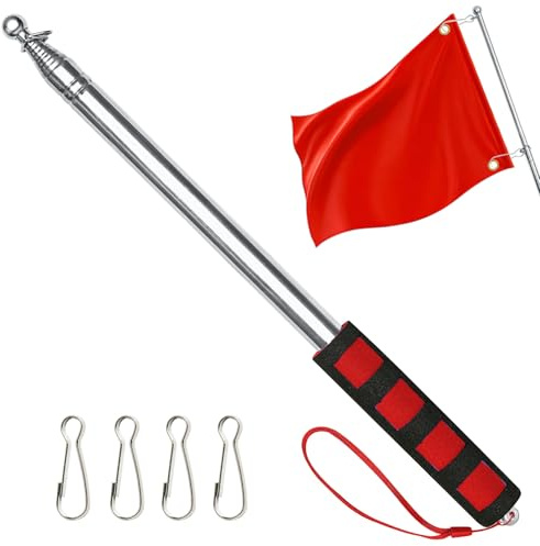 APXEL 250 cm (8,2 fot) teleskopisk handhållen flaggstång, 1 st infällbar banderollstång i rostfritt stål med 4 greppklämma, reseguide, flaggstång, visare, pinne för turguide, festival (röd)