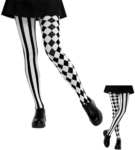 Disfraz de payaso para mujer, medias arlequín, color negro y blanco, para carnaval, circo, pantomime, Pierrot, medias a rayas, patrón de cuadros, medias largas, accesorios para fiestas y cosplay