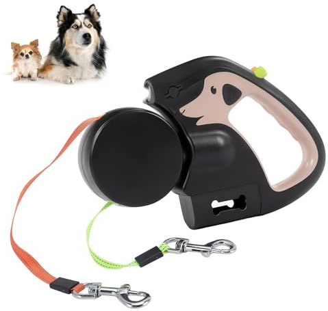 CEWROM Correa doble para 2 perros, correa extensible antienredos con rotación de 360°, linterna integrada y soporte para bolsas de excrementos, botón de freno rápido para perros pequeños y medianos de