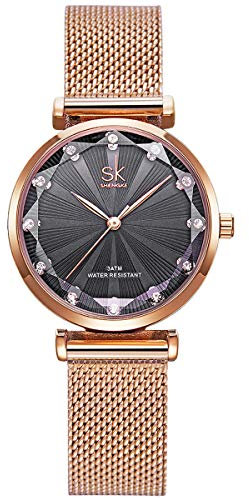 Alienwork Armbanduhr Damen Roségold Metall Mesh Armband Edelstahl Blau Elegant Strass-Steinen