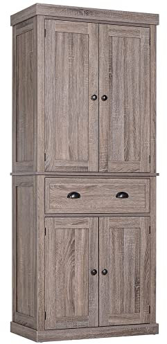 HOMCOM Freestanding Kitchen Cupboard, 184cm Tall Storage Cabinet with Doors and Shelves, Traditional Colonial 4-Door Kitchen Pantry Cupboard with Drawer, Dark Wood Grain