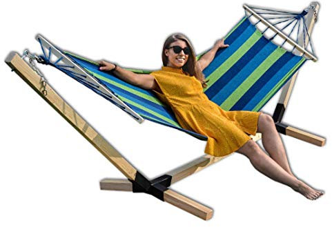 Megaa store Hängematte im Set mit Buchenholzgestell 320 cm | Bis zu 150kg | Outdoor Hängemattengestell Holz Gestell wetterfest, Stabhängematte (Blau)