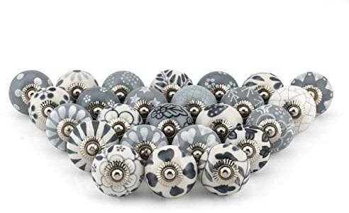 Craft Trade Grey Ceramic Cabinet Knobs, Pack of 25 | Grey ceramic cabinet knobs with decorative designs, ideal for drawers, cupboards, wardrobes, dressers and kitchen furniture.