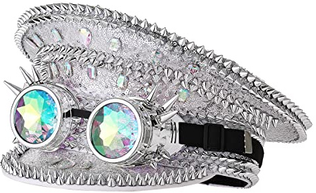 COSDREAMER Hombres Steampunk Top Sombreros Lentejuelas Gafas Militar Cap Punk Halloween Clásico Ejército Gorra Militar, Silver, M