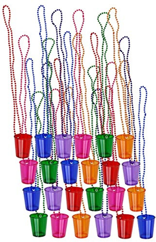 Iconikal 24-Pack Shot Glass on Beaded Necklace, Assorted Colors Tailgating Drinking Party