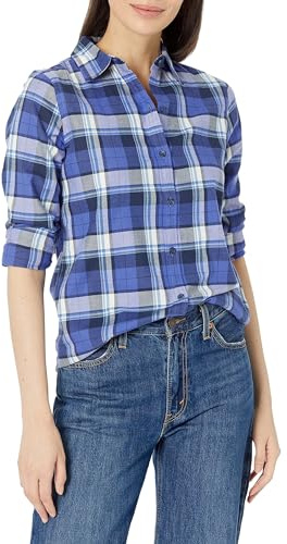 Amazon Essentials Women's Regular-Fit Long-Sleeve Lightweight Cotton Brushed Flannel Shirt, Blue Grey Navy Plaid, Large
