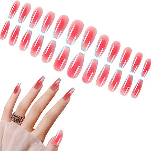 Luvadeyo Pack of 24 Stick-On Nails, French Wave Lines, False Nails,Artificial Fingernails, Acrylic Art Press On The Nail Tips for Women Girls