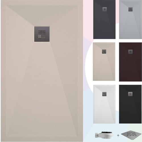 SOULBATH Plato de Ducha - Resina - Textura Liso Seda - Antideslizante - Color Crema - 70X70- Extraplano - Gel-Coating® - Incluye Válvula desagüe+Rejilla