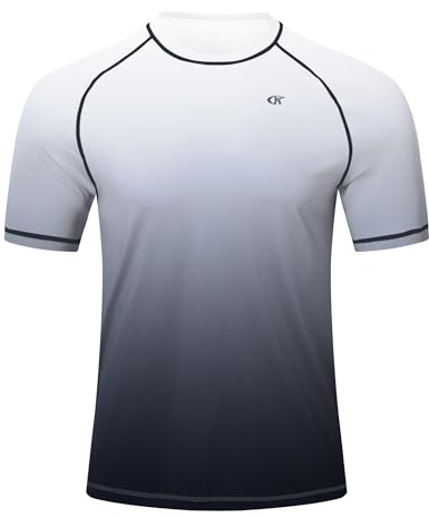Huayuzh Maillot de bain anti-UV UPF 50+ à manches courtes pour homme - Séchage rapide - Pour le surf et la course à pied - Blanc dégradé de gris - Taille 6XL, 5-blanc dégradé gris, 6XL