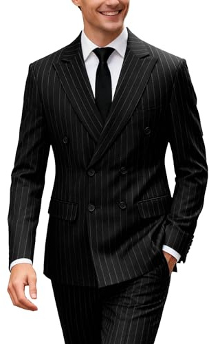 UNINUKOO Men's Suits 2 Piece Pinstripe Double Breasted Tuxedo Suit for Men Slim Fit Formal Dress Blazer Jacket Pants, Black, M