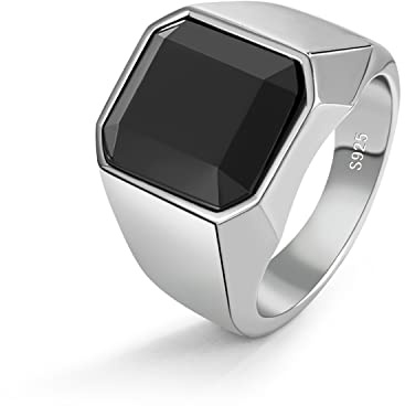 Dankadi Bague Agate Noire Large 16MM 18MM Ronde Carrée en 925 Argent Sterling Simple Grosse, 52-70mm Anneau Luxe Vintage Punk Cadeau Bijoux pour Homme Femme Fiançailles Alliance (8, Argent Style B)