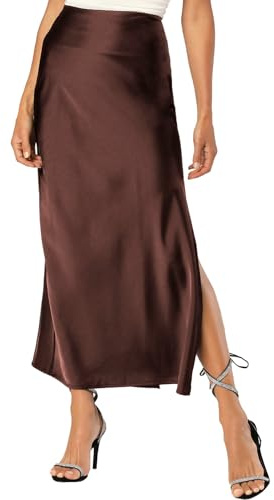 Skrtimory Womens Satin Silk Maxi Slit Skirt Elastic Waistband Leopard Print Maxi Long Satin Slit Skirts for women Chocolate