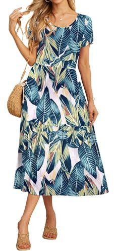 GRECERELLE Womens Summer Maxi Dress Casual Short Sleeve Crew Neck Swing Flowy Tiered Party Dresses with Pockets for Weddings, Holidays (White Monotherapy, M)