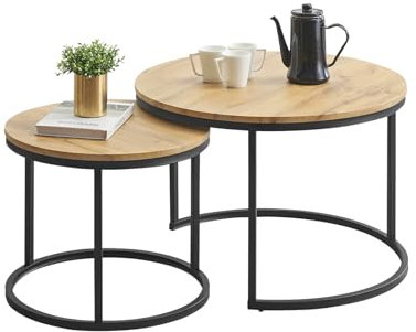 Soayone Couchtisch 2er Set, Moderne Couch Tisch mit Schwarz Metallgestell, Couchtisch Eiche, Couchtische Rund Schwarz, Living Room Table, Kaffeetisch, Wohnzimmertisch Holz 70x70x45 & 50x50x35 cm