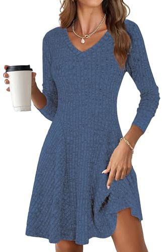 ROFUSSO Abito a Maniche Lunghe in Maglia da Donna Autunnale con Scollo a V Elegante Midi Invernale (Blu,XXL)