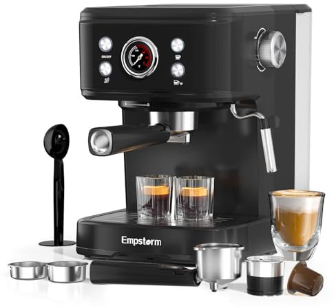 Empstorm 20 Bar Espresso Siebträgermaschine Kaffeemaschine mit 1250 Watt, Professionellem Milchaufschaumdüse, Espressomaschine für Cappuccino, Latte & Macchiato, 1,5L Wassertank, Schwarz