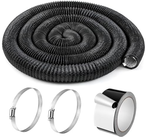 Zonon Dryer Vent Hose 4 Inch X 50 Feet Flexible Aluminum Foil Ducting Non Insulated with Stainless Steel Clamps and Aluminum Tape for Pipe, HVAC Heating Cooling Ventilation and Exhaust (Black)