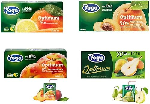 Succhi di Frutta Yoga Assortiti - Ace, Albicocca, Pera, Pesca, 200ml, Confezione da 3 Brick