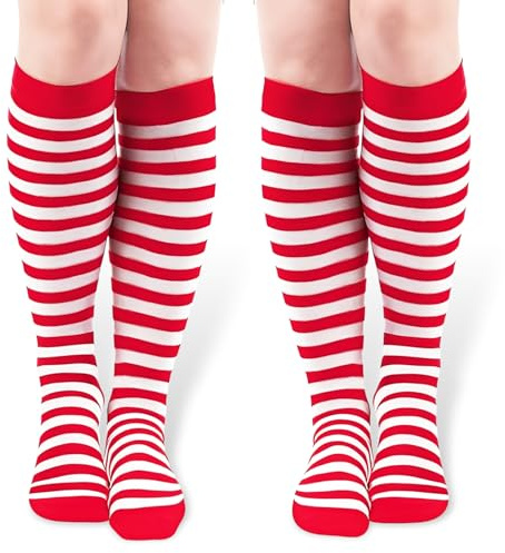 Générique Chaussette Haute de Noel Femme, Chaussettes Lutin Collant Rayé Rouge et Blanc Bas Hautes Noel Femme Montante Jeux de Rôle, Réunions de Famille, Célébrations (A)