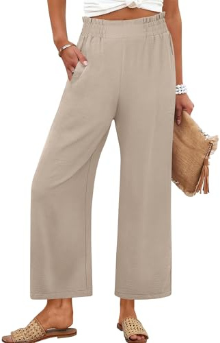 ANRABESS Womens Wide Leg Palazzo Pants Summer Beach High Waisted Cropped Flowy Pants 2026 Dressy Casual Trousers with Pockets Parchment Medium