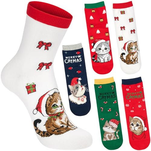Brubaker 5 Paia di Calze Natalizie con Gatti per Donna e Uomo - Merry Catmas - Calzini Simpatici per Natale e l’Avvento - Morbidi e Caldi - Set Colorato Regalo per Lei e per Lui - Misura 36-41
