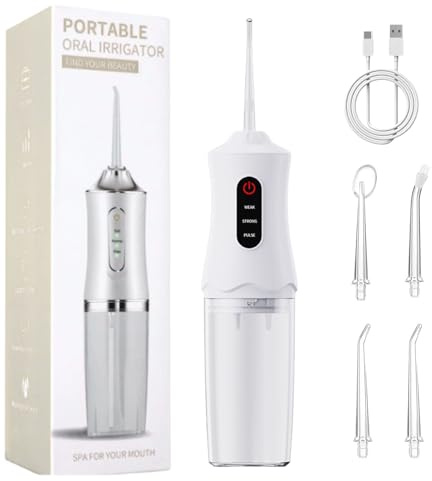 Irrigador Dental Portatil Higiene Bucal Viaje Water Flosser Irrigadores Dentales Sarro Dental Limpiador Jato de Agua Dientes Presion，Water Floss con 4 Boquillas 1 Cable，Blanco, Recargable