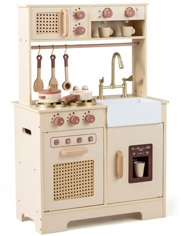 COSTWAY Kids Play Kitchen, Wooden Pretend Toy Kitchen with Realistic Lights & Sounds, Stoves, Sink, Faucet, Oven, Ice Machine, Microwave, Coffee Maker, Children Chef Role Playset for 3+ (Yellow)