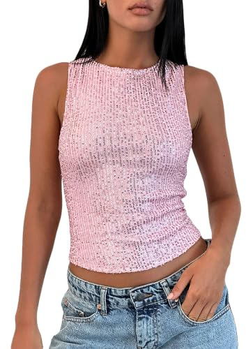 Women Sequin Sleeveless Slim Tank Top Glitter Sparkly Crop Party Vest