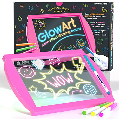 Mavin's Magic - Glow Art - LED Drawing Board for Children - Pink Light Up Drawing Pad, with Glow in The Dark Colouring Pens - Battery Powered Drawing Tablet - Light Up Tracing Pad Suitable for 5+