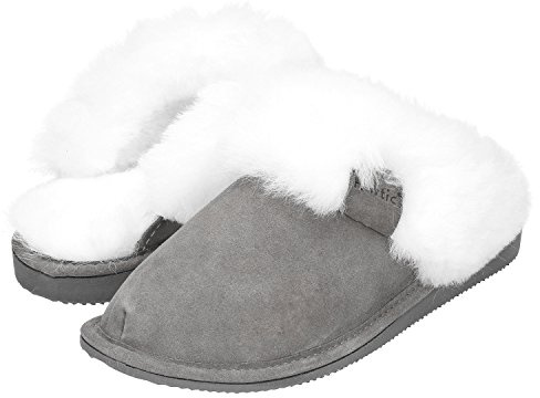 Haftic Chaussons en Cuir Femmes Pantoufles Femme Hiver Pantoufle Peau de Mouton + Boite Cadeau (37 EU, Gris/Blanc)