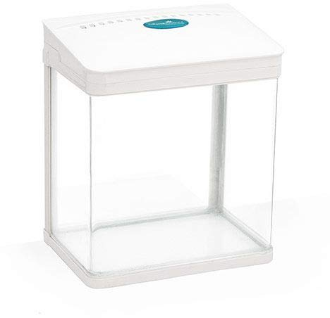 AllPondSolutions Nano Tropical Fish Tank - Rectangular Aquarium w/LED Light, Tray Filter System, Curved Glass Front, & 90° Tilting Hood - Coldwater/Tropical Tank, Heater Not Included - 7L, White
