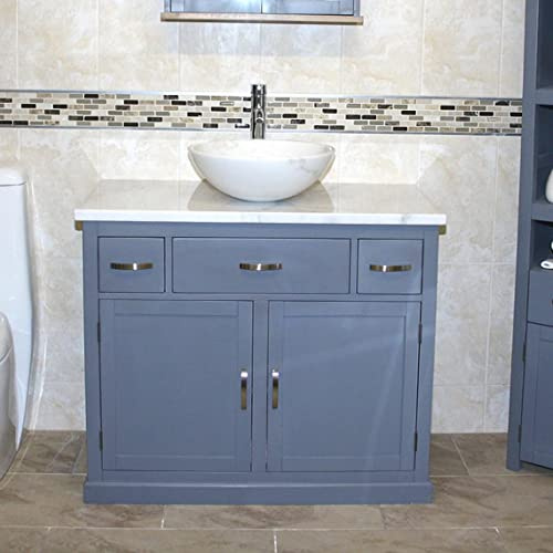 Wooden Bathroom Vanity with Sink and Drawer - Grey Painted Double Door Bathroom Sink Cabinet Wash Basin - Single Vanity Unit with Chromed Mixer Tap - White Bowl with White Marble Top (1161GWMSBC)