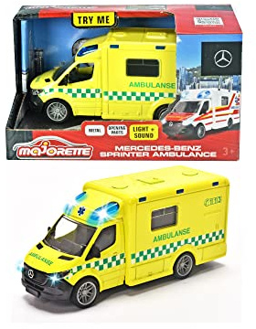 Majorette 213712001007 - Grand Series - Mercedes-Benz Sprinter Norsk Ambulans - Ambulans i Norsk Modell med Frihjul, Metall, Ljus, Ljud, Mjuka Gummidäck, 12,5 cm, 1:43, Från 3 år, Flerfärgad
