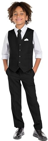 Marvelous Kids Boys 6-Piece V-Neck Formal Slim Fit Vest Suit Set, Black, Size 14