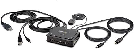 StarTech.com KVM Switch USB C e HDMI a 2 porte 4K 60Hz, KVM compatto con cavi integrati USB-A/HDMI/Audio da 1,8m e USB-C da 1,2m, alimentato via cavo - Commutazione remota/Hotkey (C2-H46-UAC-CBL-KVM)