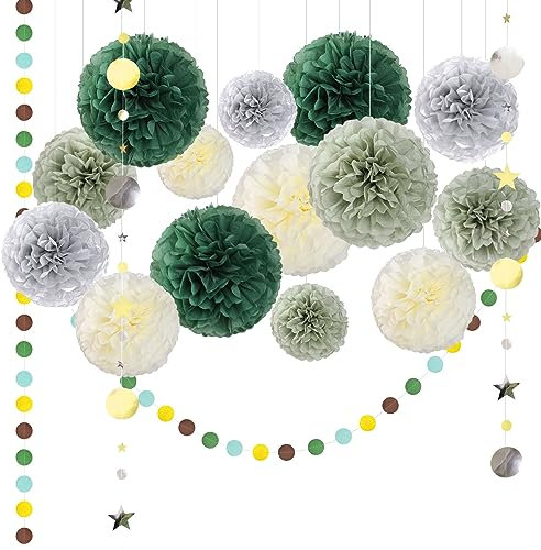 WD&CD 16 Stück Party Deko Seidenpapier Pompons Grün und Dots Stern Girlande, Waldgrün Tissue Papier Pom Poms und Dots Papier Girlande, Party Dekorationen für Hochzeit