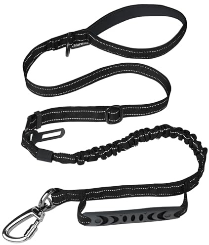 Chioratree Heavy Duty Dog Leash for Medium Large Dogs,4-6FT Shock Absorbing Bungee Tactical Dog Leash with Control Padded Handle and Car Seatbelt, Reflective Lead for Walking Training,Black