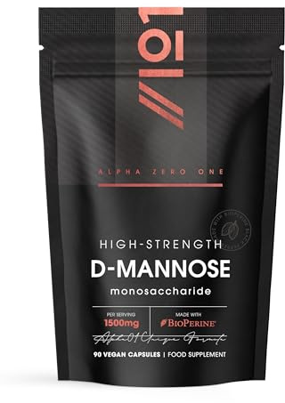 D-Mannose 1500mg with BioPerine® – 90 Vegan Capsules – Made with BioPerine® Black Pepper for Higher Bioavailability – Resealable and Recyclable Pouch – By Alpha01®