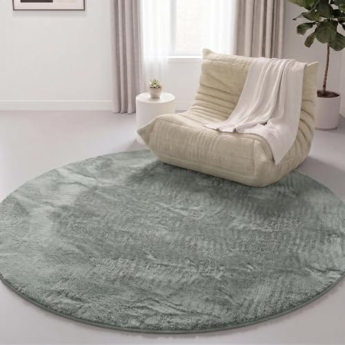 Interiyou matta lång lugg Fargo - 200x200 cm Rund Grön - Pälsmatta av konstpäls, mjuk, tvättbar, halksäker, fluffig