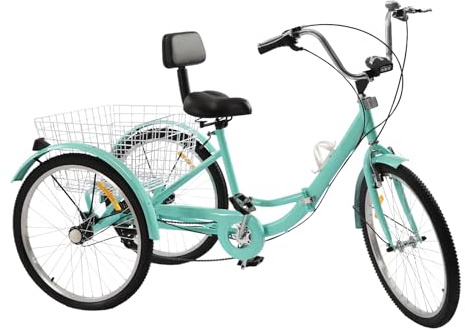 HPDTZ 24 tums trehjuling för vuxna trehjuling cykel med korg och LED-ljus 3-hjuls cykel för vuxna trehjuling trehjuling (turkos)