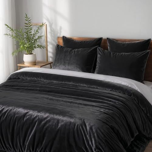 Cozyor Kuschel-Bettwäsche extra dick und weich Plüsch, robuster Reißverschluss 1x Deckenbezug 200x200 cm, 2X Kissenbezug 40x80 cm, 3-teilig, schwarz Eclipse