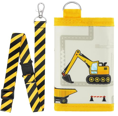 Kids Truck Wallet With Lanyard - Zippered Compact Tri-fold Coin Pocket, Card Holders, Neck Stash Purse for Boys and Teens - Birthday Gift