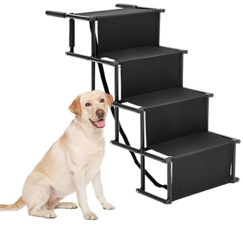 Hundetreppe Für Kleine Große Hunde, Hunderampe Auto Klappbar, Haustiertreppe Leiter 4 Stufen, Gelenkschonende Einstiegshilfe Hundetreppe für Auto Kofferraum bis 80 kg Belastbar, Schwarz