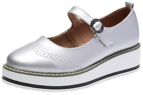 ANUFER Women's Platform Mary Jane Trainers Adjustable Buckle Strap Brogues Creepers Silver SN0705165 UK6