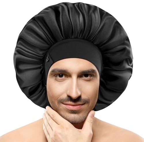 Bonnets en soie pour homme, bonnet en satin pour dormir, ourlet réglable et double couche, grand bonnet de sommeil pour tresses de cheveux bouclés, reste en place toute la nuit (noir)