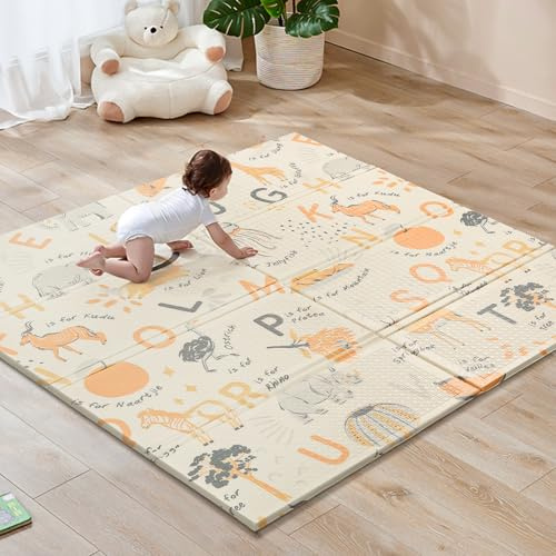 Sour Lemon 120x120cm Folding Wildlife Mat, Thick Padded Baby Crawl Mat, Baby Play Mat, Foldable Kids Playmat, Large Baby Activity Play Mat, Non-Slip, Waterproof, Double-Sided Playpen Mat