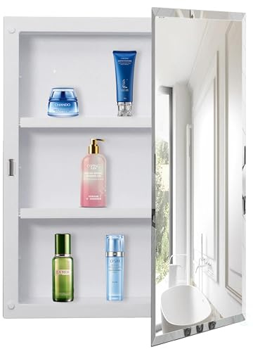 Basicwise Single Door Multi-Purpose Plastic Bathroom Medicine Cabinet with Mirror, Surface or Recessed Mount, Vanity Cabinet with 2 Plastic Adjustable Shelves, White